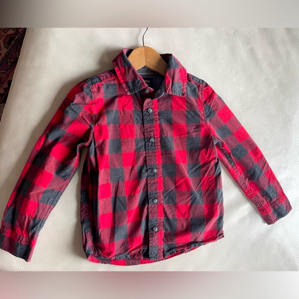 3/$30💥NEW Oshkosh Buffalo Check Christmas Photos Button-Down Shirt, Red & Black